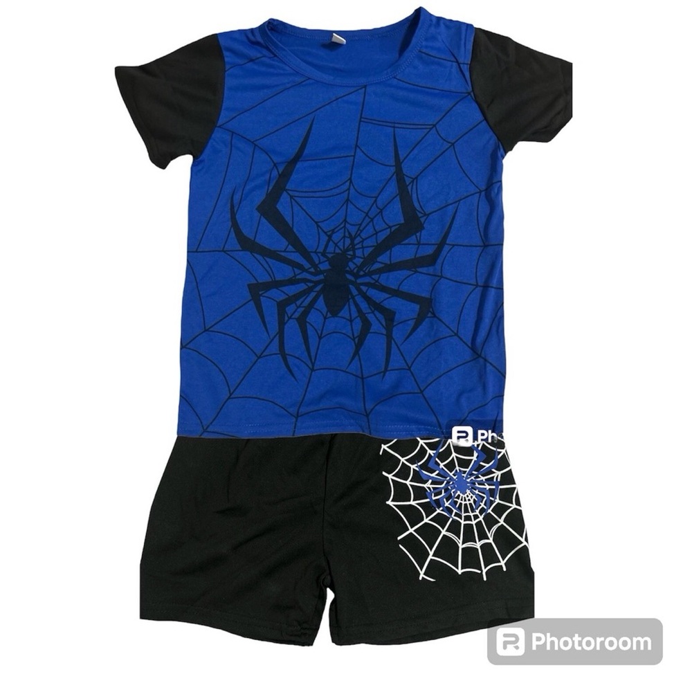 Boys Spider Web 2-Piece Outfit Set – Blue & Black T-Shirt and Shorts